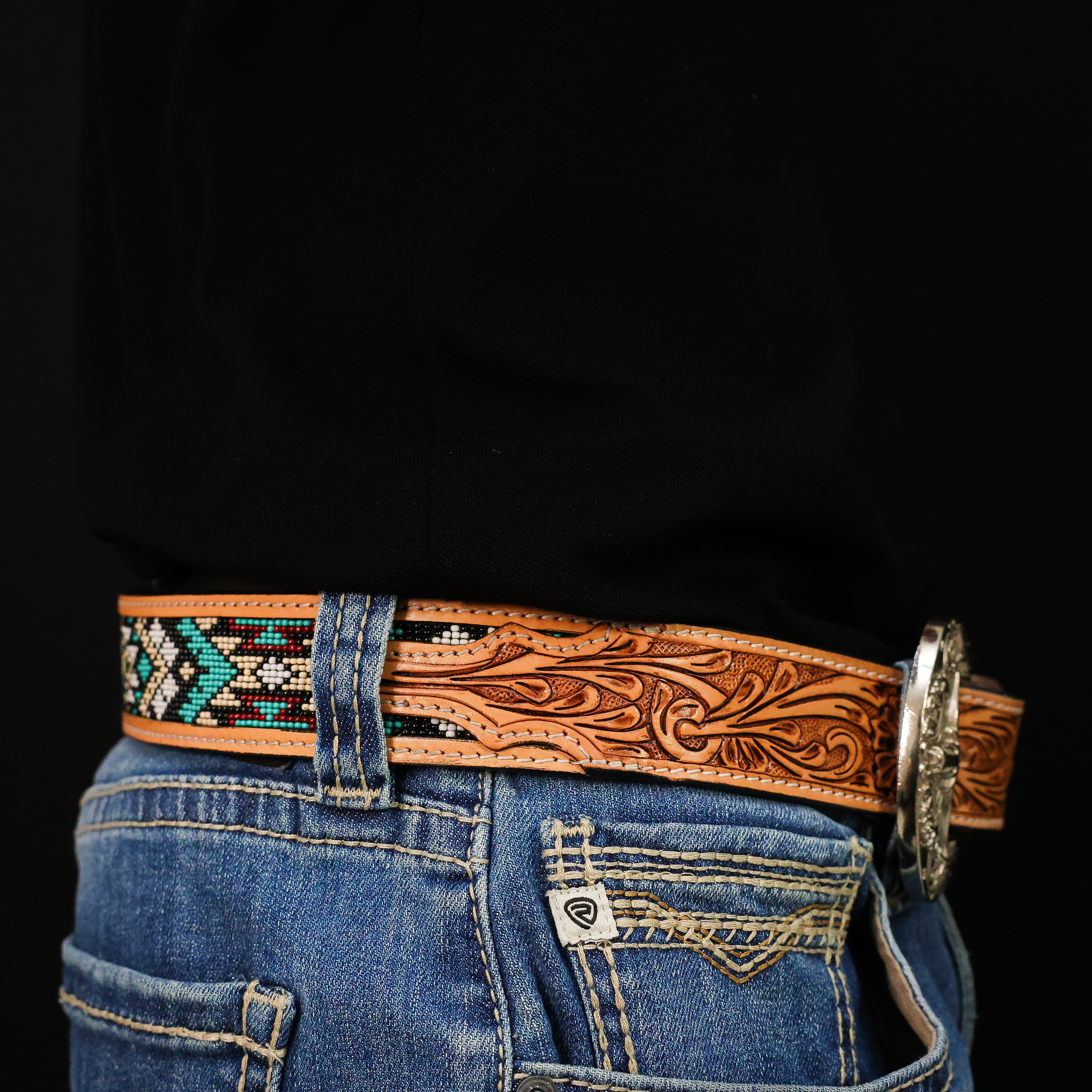 Hand-Tooled Artesanal Beaded Leather Belt
