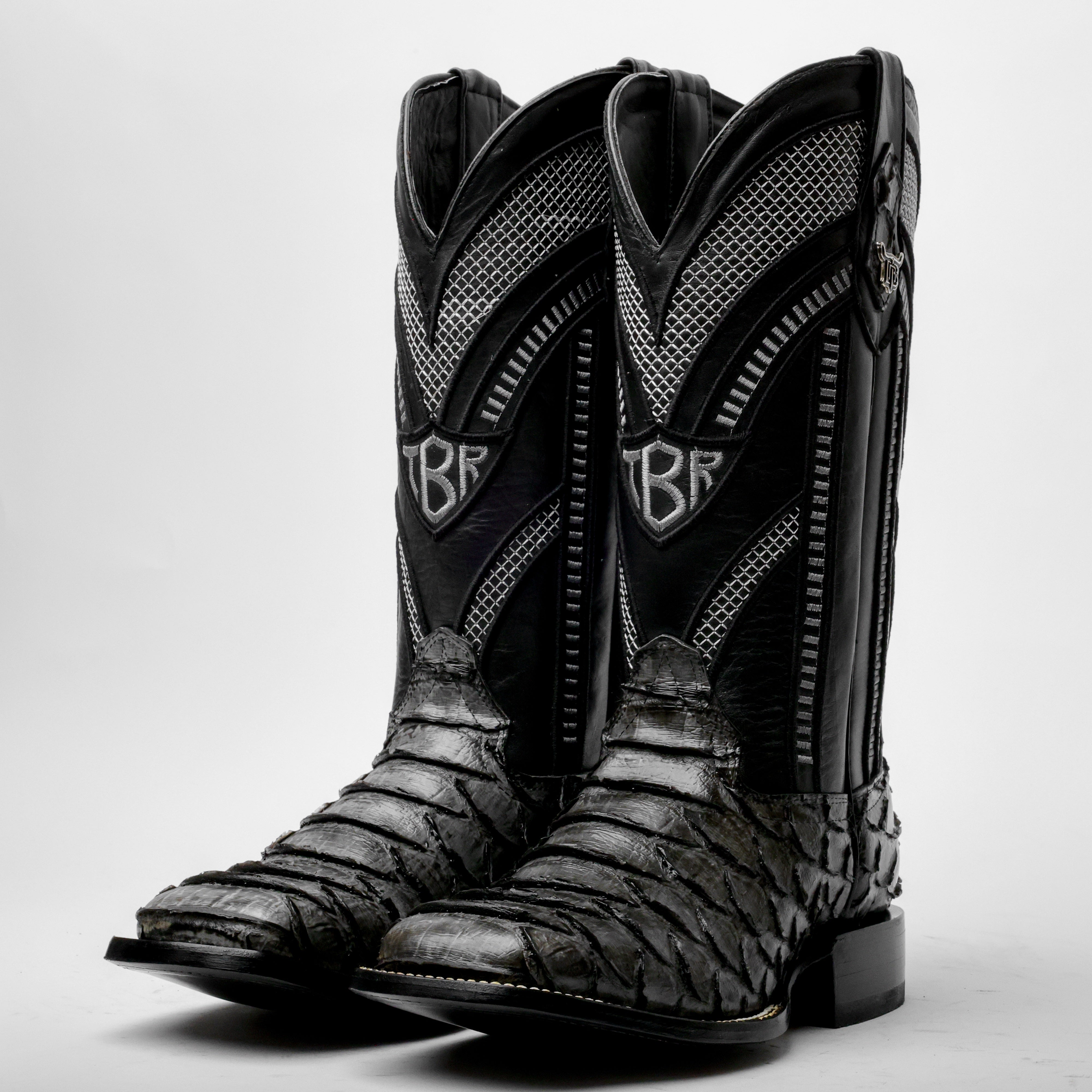 Grey Jumbo Python Leather Boots - Square Toe