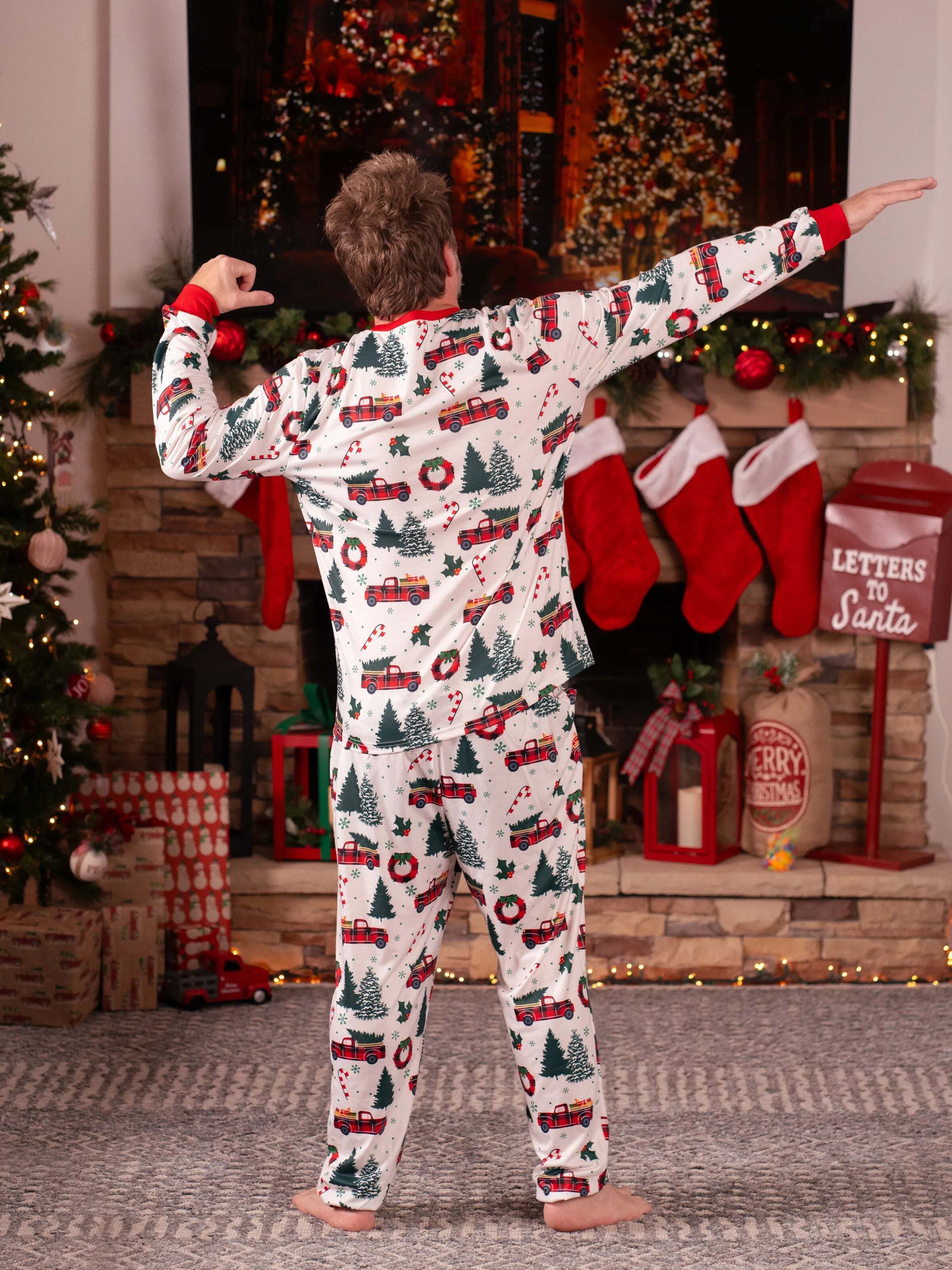Christmas Family Matching Allover Xmas Tree & Car Print Long-sleeve Pajamas Sets with Christmas Socks Multi-color
