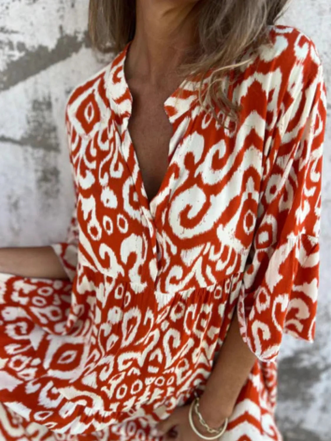 Plus Size Ethnic Print Notched Half Sleeve Midi Dress