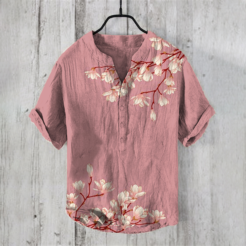 Men's Vintage Japanese Art Magnolia Flower V Neck Casual Linen Blend Shirt