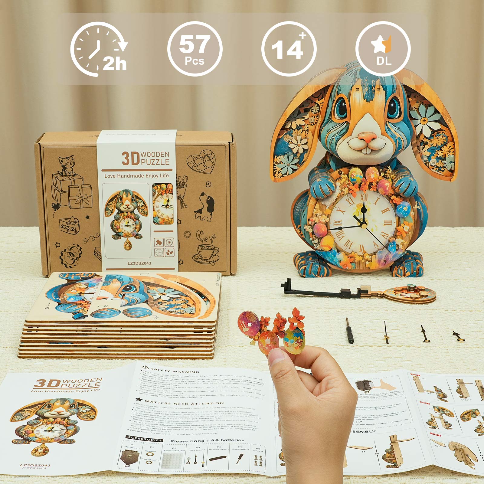 Rabbitâ€“ DIY Wooden Clock, 3D Puzzle Craft Kit