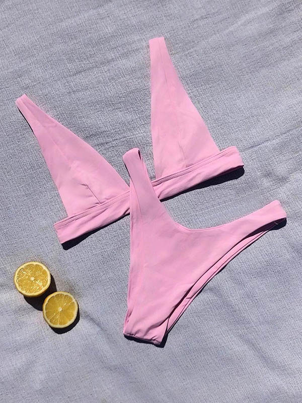 Deep V-Neck Solid Color Padded Hipster Bikini Swimwear