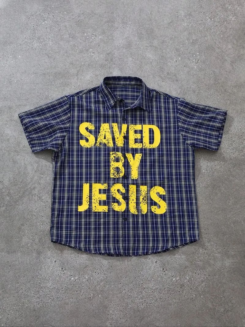 🔥5COLORS-$21 TODAY ONLY🔥 “SAVED BY JESUS” Plaid Shirt – Bold Faith Meets Everyday Style
