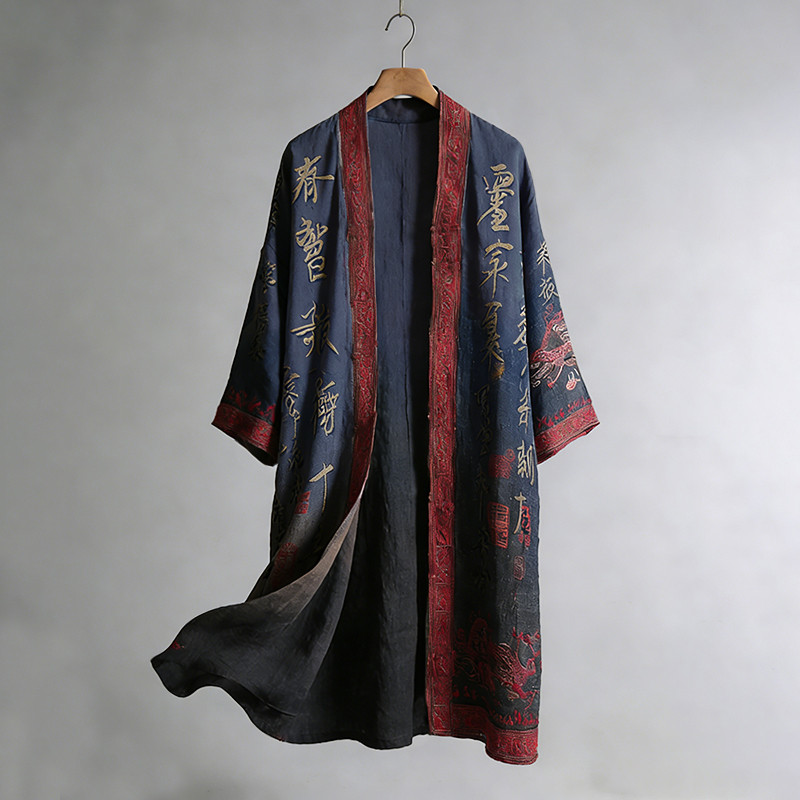 Men's Retro Calligraphy And Painting Art Linen Long Kimono