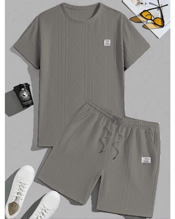 Men’s Textured Summer Two-Piece Set – Short Sleeve Tee & Drawstring Shorts