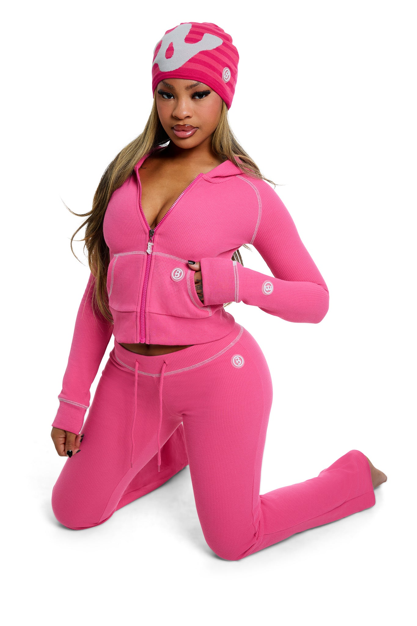 WAFFLE KNIT HOODIE (STRAWBERRY PINK/GREY)