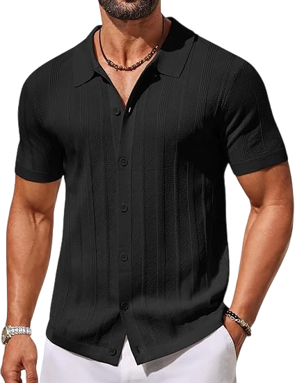 Men's Knit Button Down Shirts Short Sleeve Polo Shirt Casual Vacation Summer Beach Shirts
