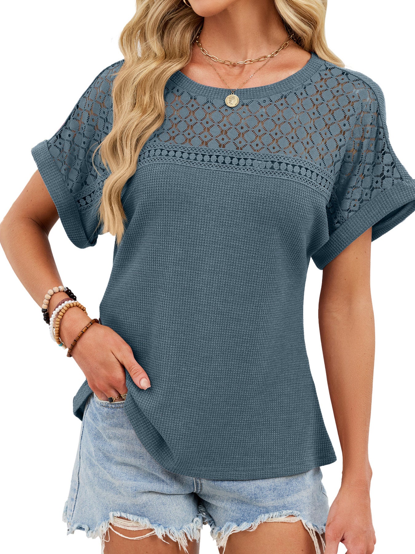 Lace-Trimmed Round Neck T-Shirt