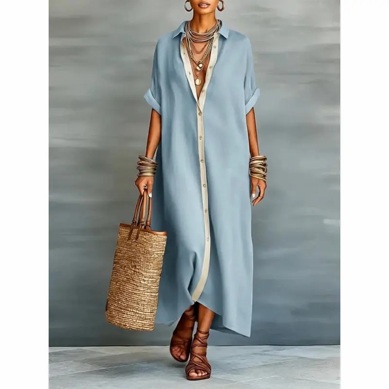 Women’s Minimalist Linen Blend Short-sleeved Shirt Maxi Dress