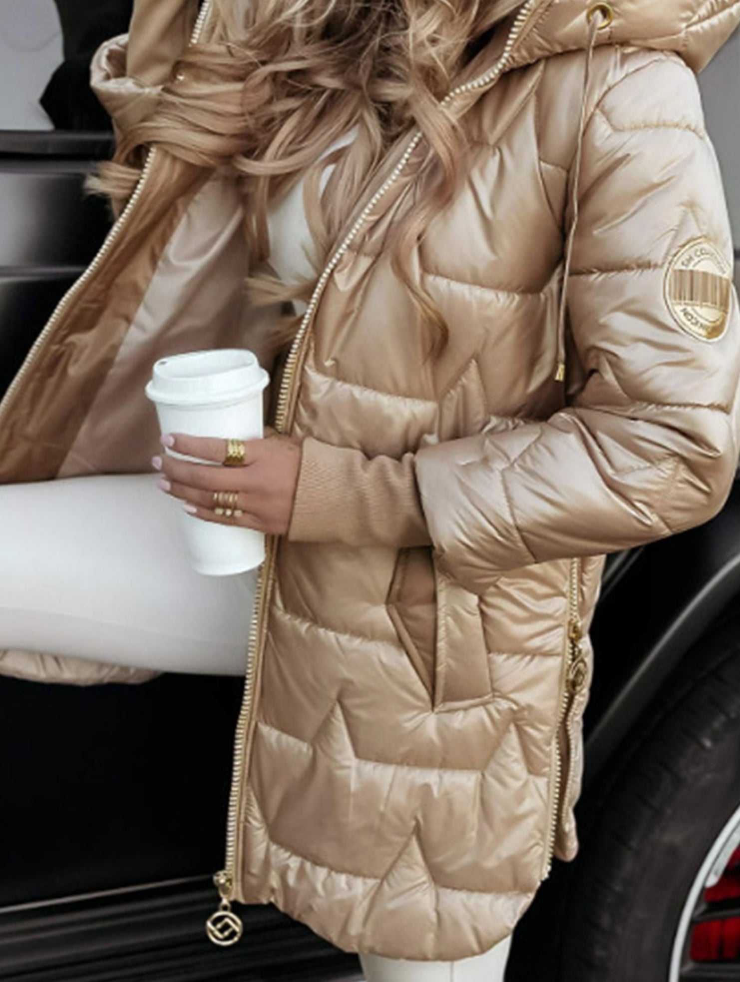 Hooded mid-length three-zip cotton coat