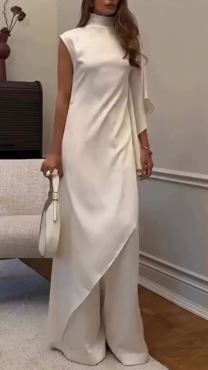 Women Stand-Up Collar Asymmetrical Solid Color Casual Set