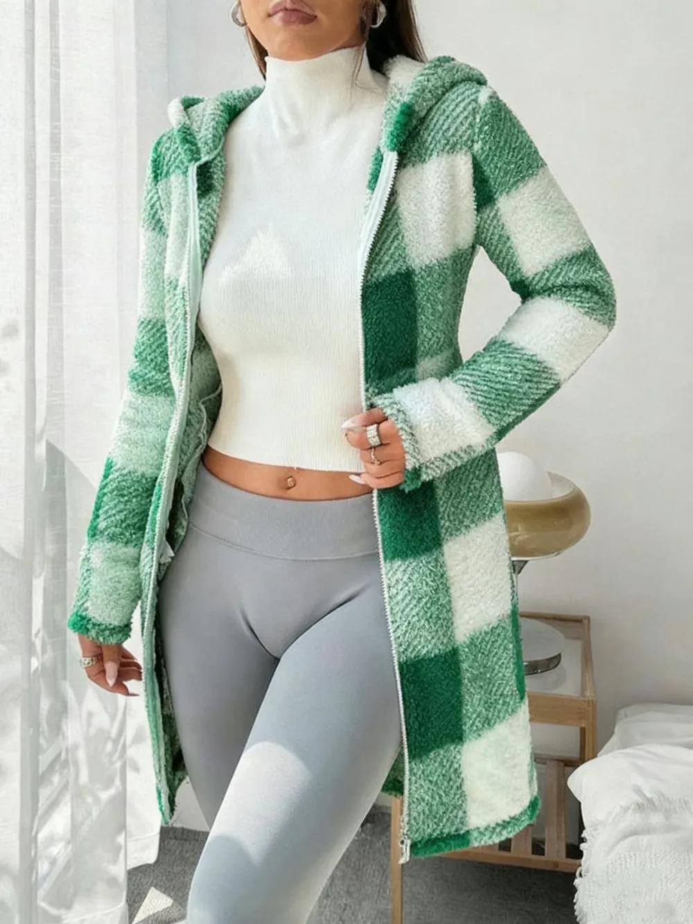Women's Plaid Fleece Long Sleeve Hooded Coat