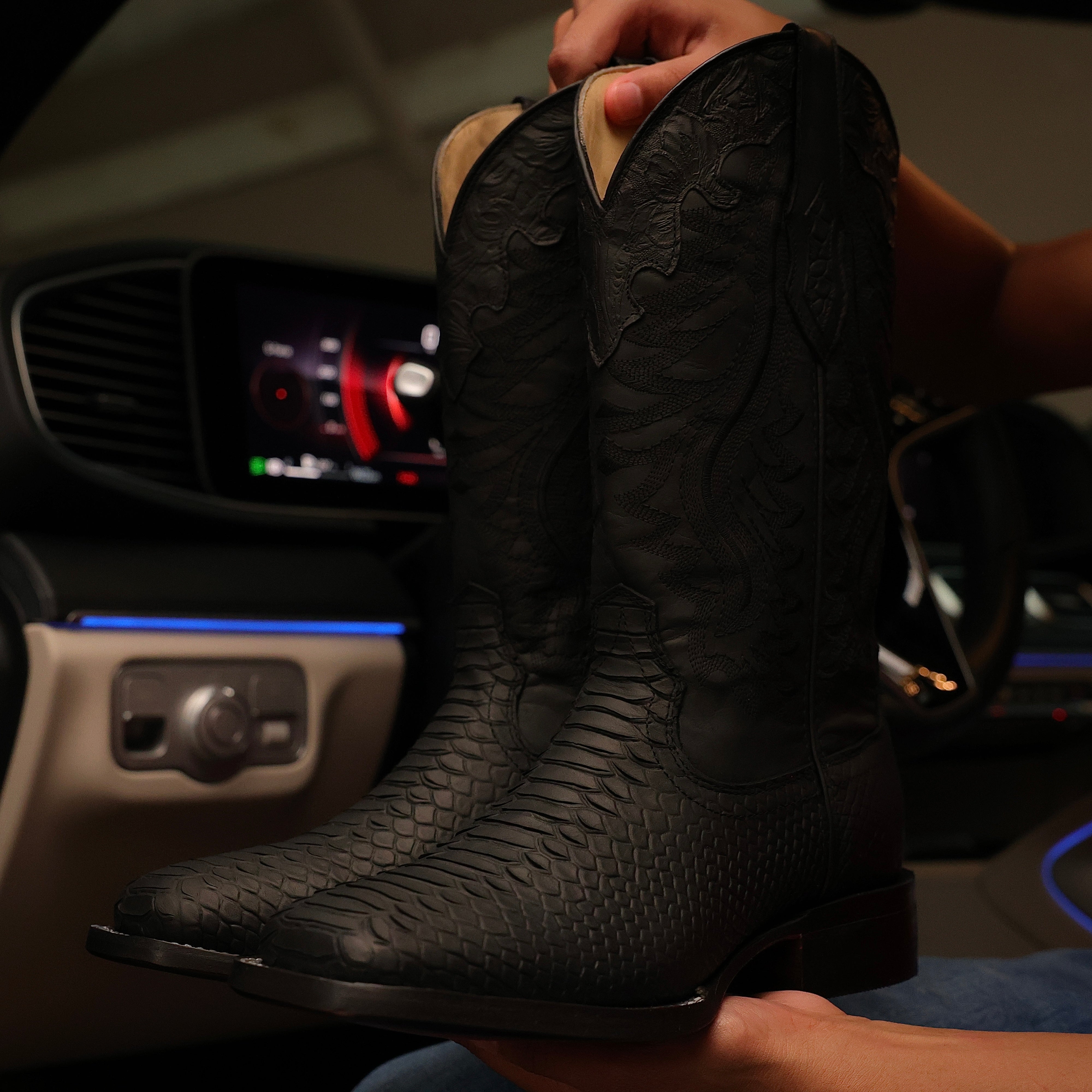 Matte Black Python Leather Boots - Square Toe