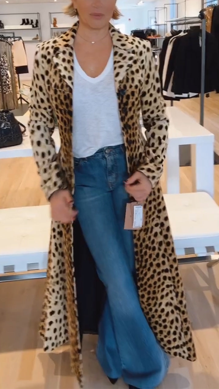 Women Lapel Leopard Print Casual Flared Coat
