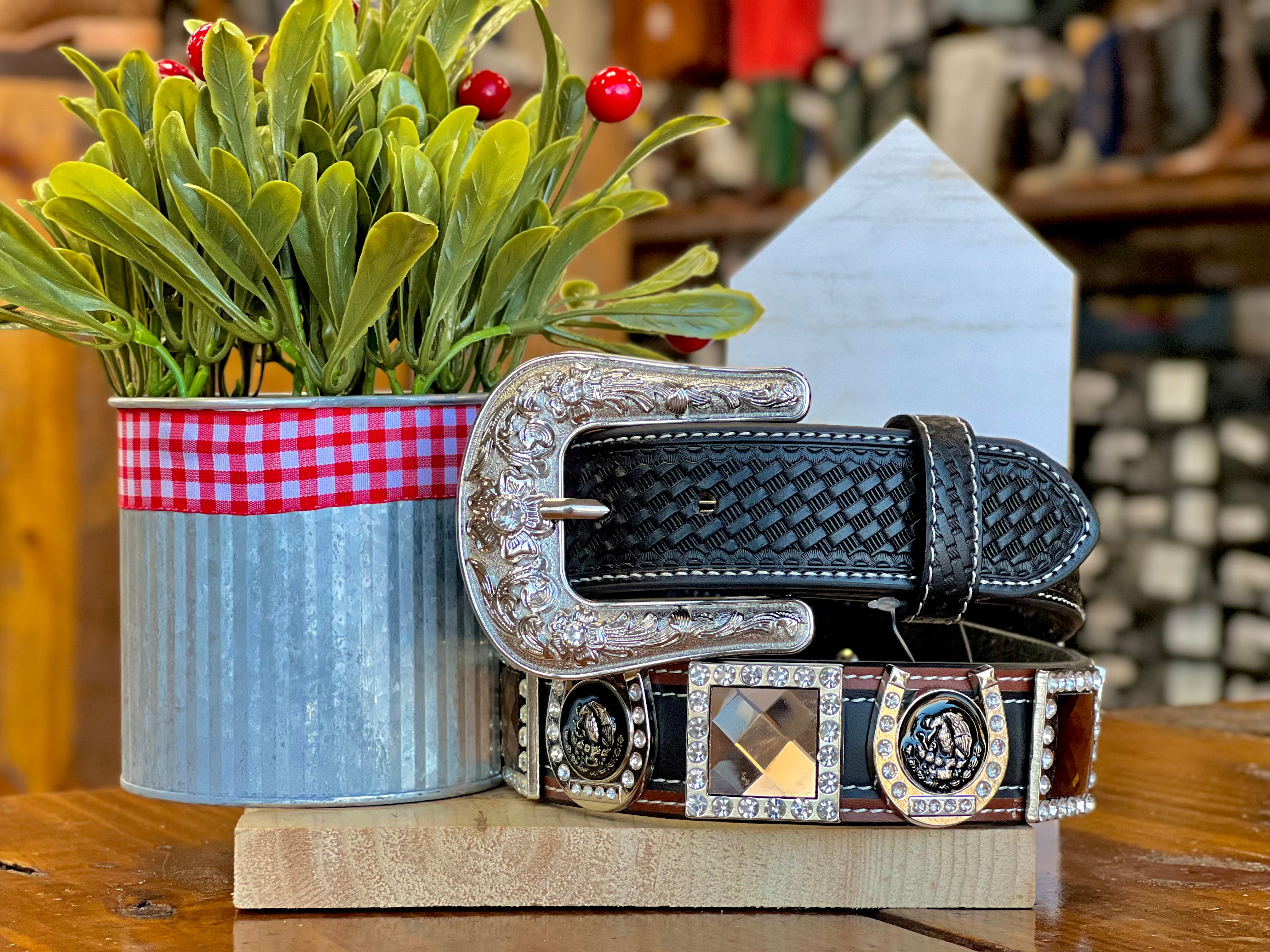 Western Black And Brown Leather Belt With Mexican Eagle Rhinestone