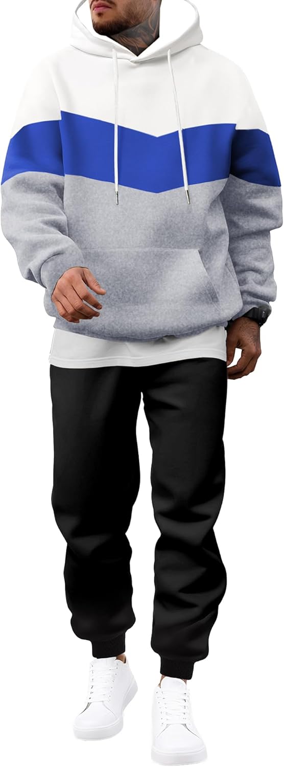 Men's Hoodie Tracksuit 2 Pieces Set Novelty Color Block Pullover Fleece Hoodies Long Sleeve Casual Sweatshirt