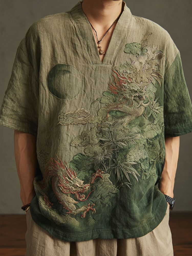 Men's Retro Landscape Embroidery Casual Short Sleeve Shirt