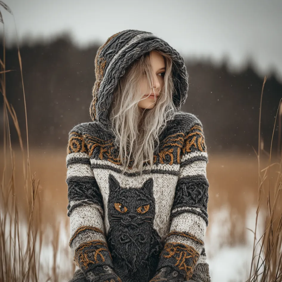 Women's Winter Warm Cat Design Hooded Knitted Sweater