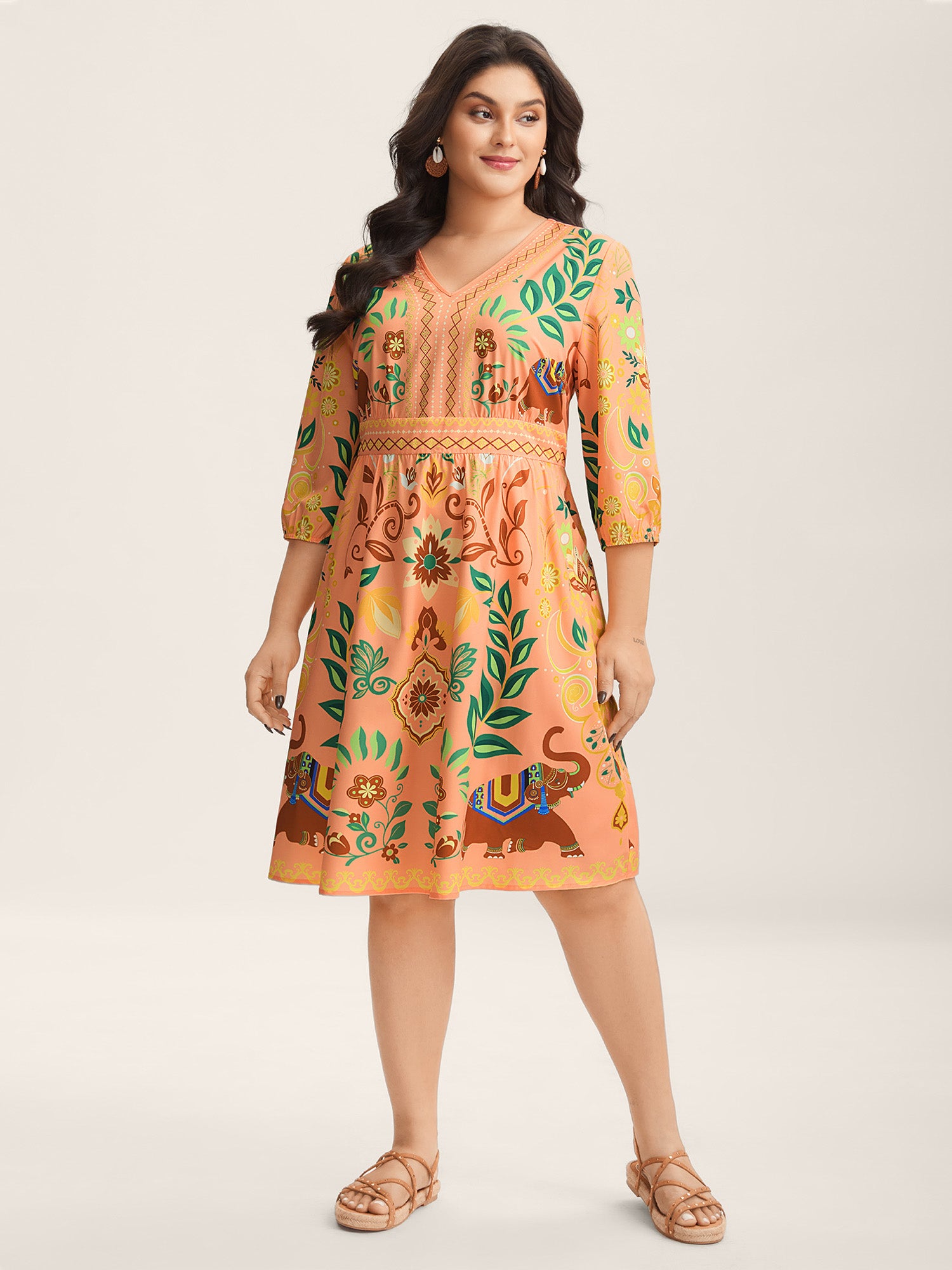 Boho Print V-Neck Pockets Mini Dress