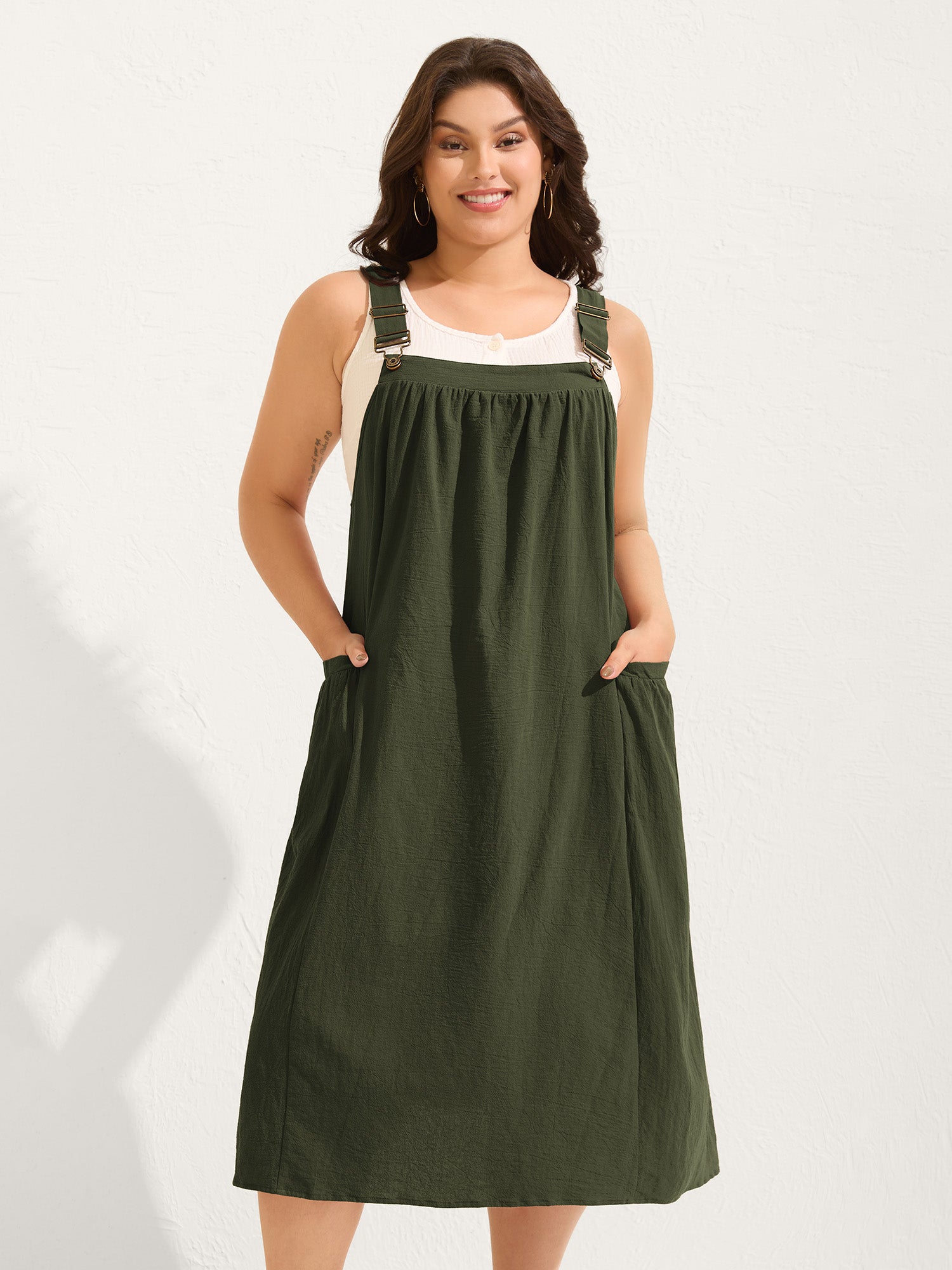 Pure Cotton Pleated Pockets Midi Dress