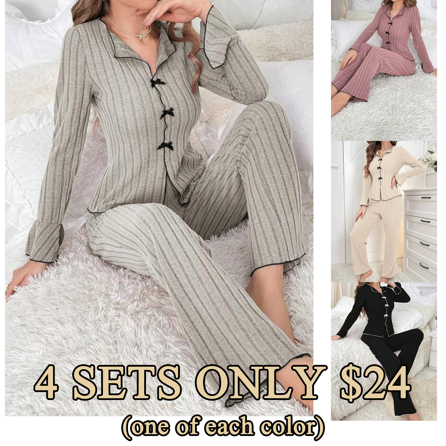 Women’s Ribbed Lounge Two-Piece Set – Long Sleeve V-Neck Top & Relaxed Pants