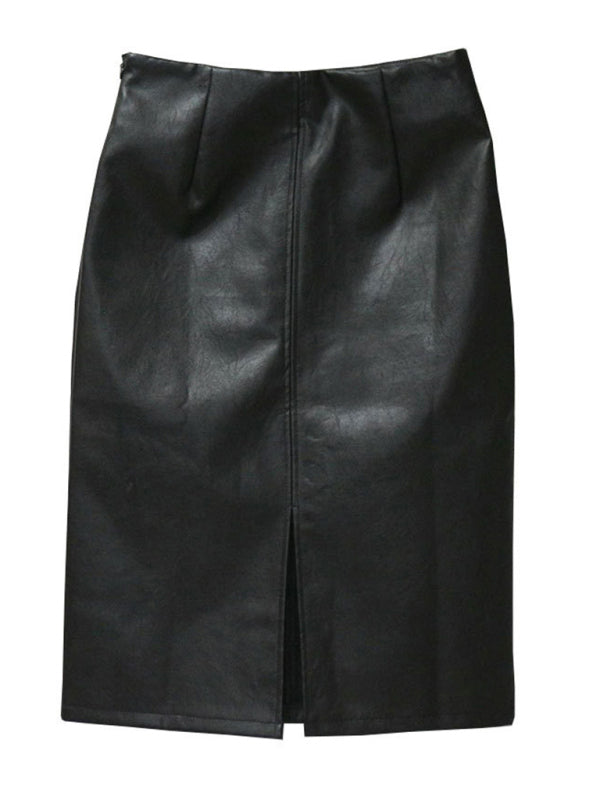 Slit Pu Leather Bodycon Knee Length Skirt