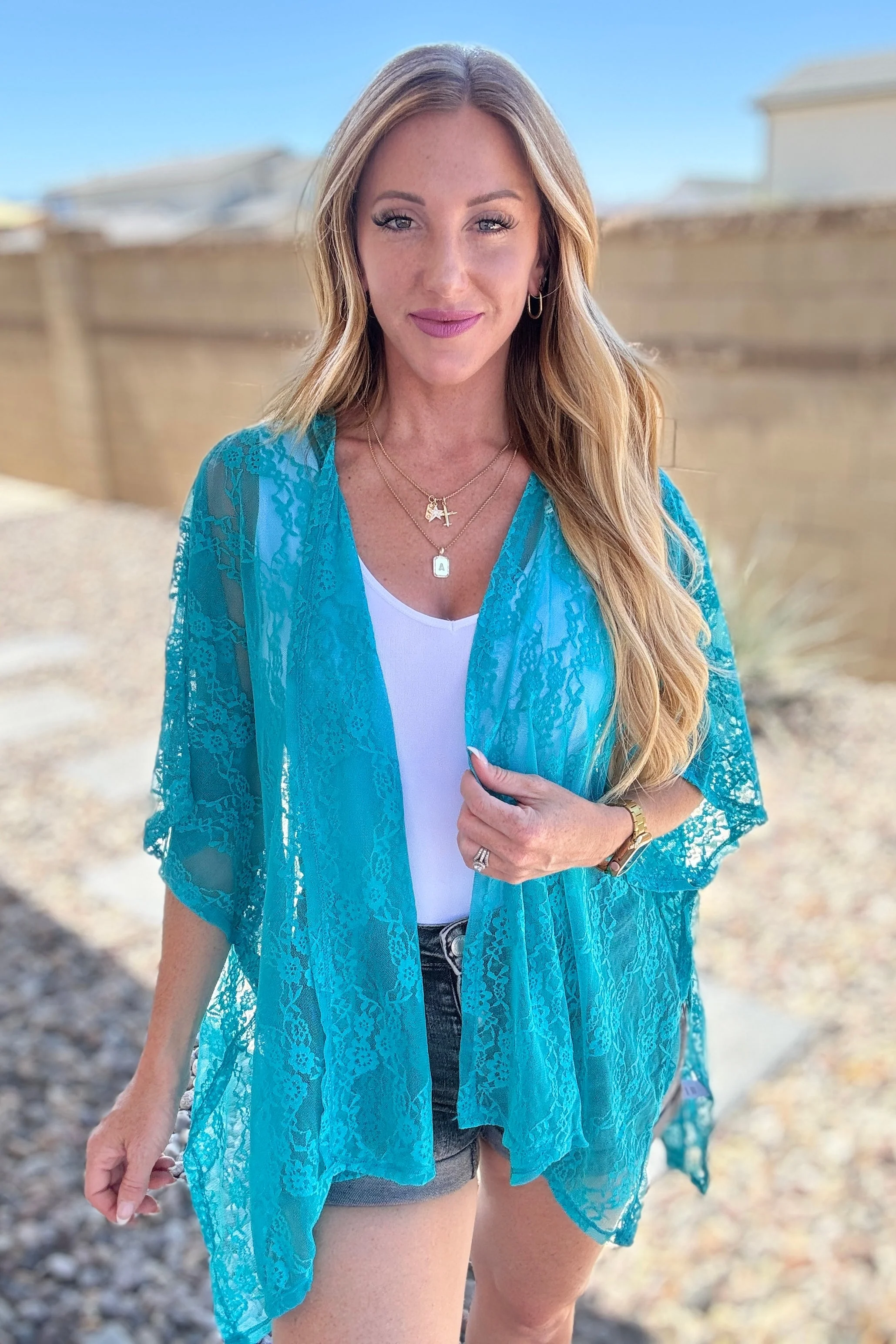 Ahead Lace Kimono In Teal