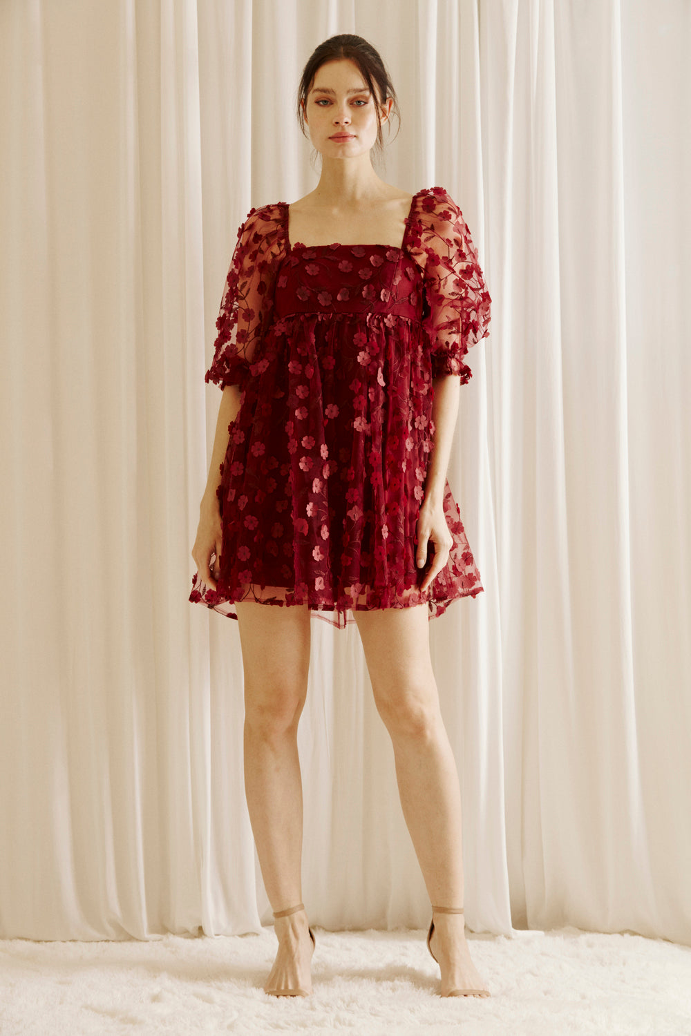 Adelina Burgundy 3D Floral Embroidered Dress