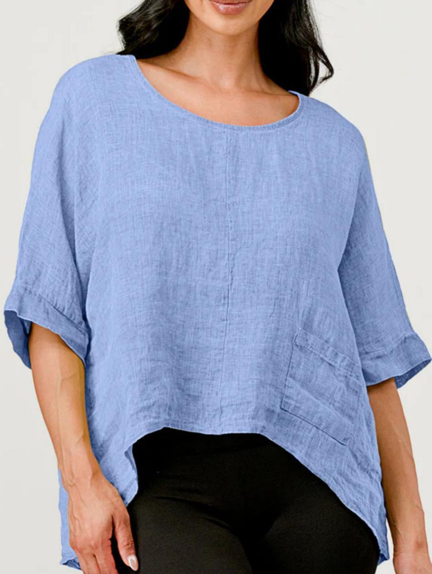 Round Neck Cotton Linen Short Sleeve Shirt_CWTBLL02279