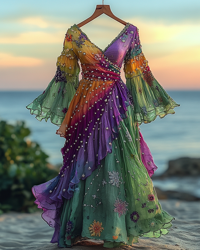 Summer Vacation Floral Embroidery Sequins Beaded Ruffle Dress 3da8