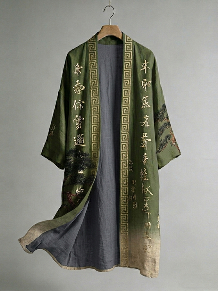 Men's Japanese Pine Tree And Calligraphy Linen Long Kimono