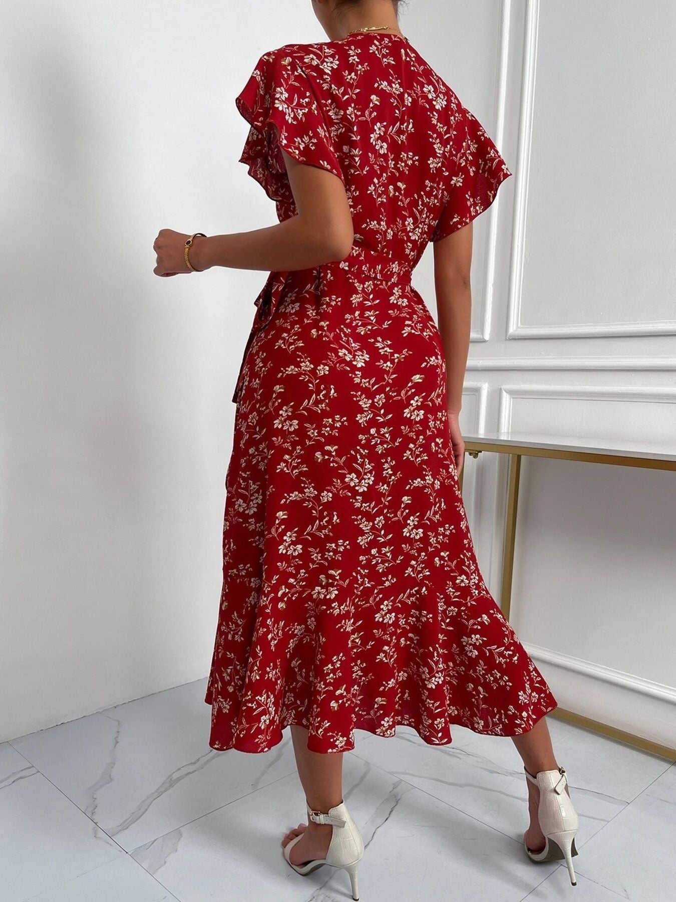 Floral Print Ruffle Sleeve Wrap Midi Dress