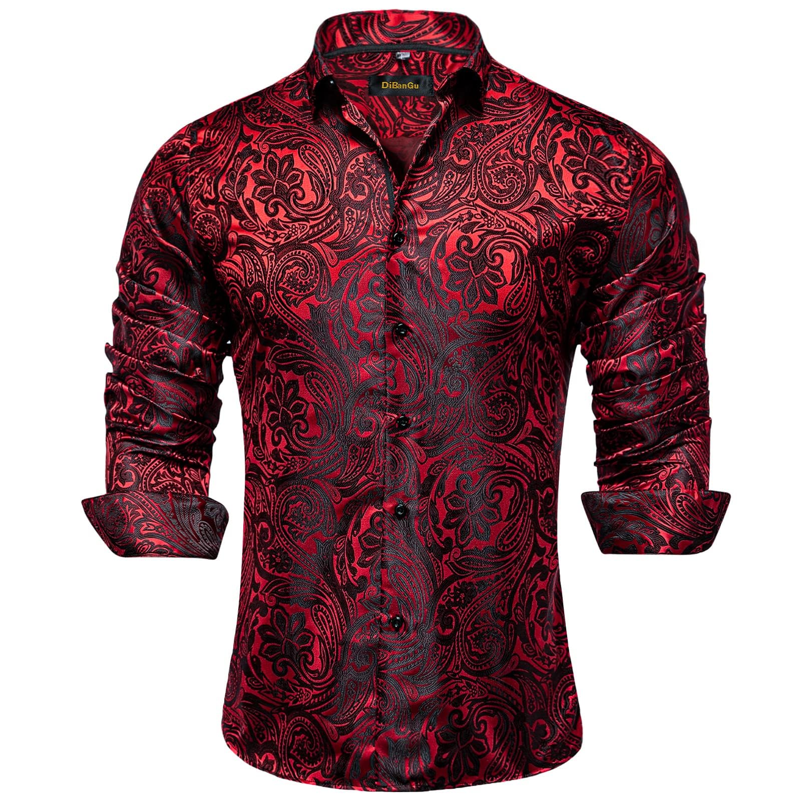 Men's Paisley Dress Shirt Long Sleeve Wrinkle Free Button Down Cowboy Shirts - Red&black&paisley