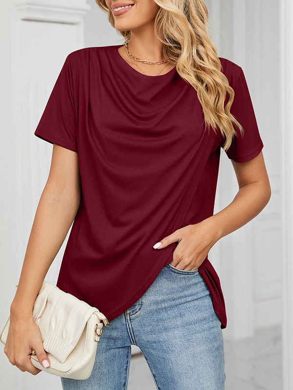 Pleated Solid Color Split-Joint Loose Short Sleeves Round-Neck T-Shirts