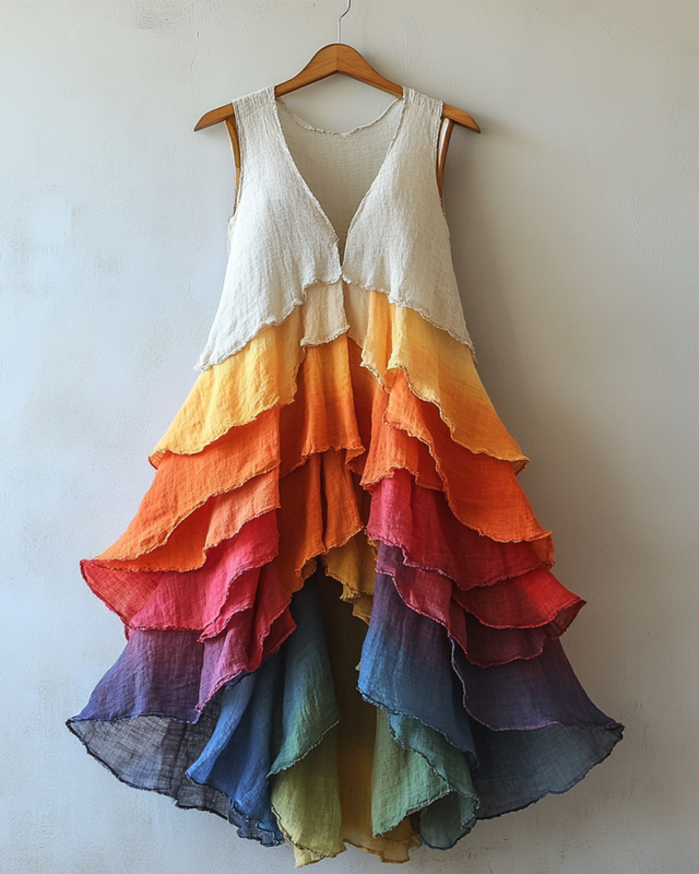 Summer Rainbow Cotton and Linen Lotus Leaf Dress 7866