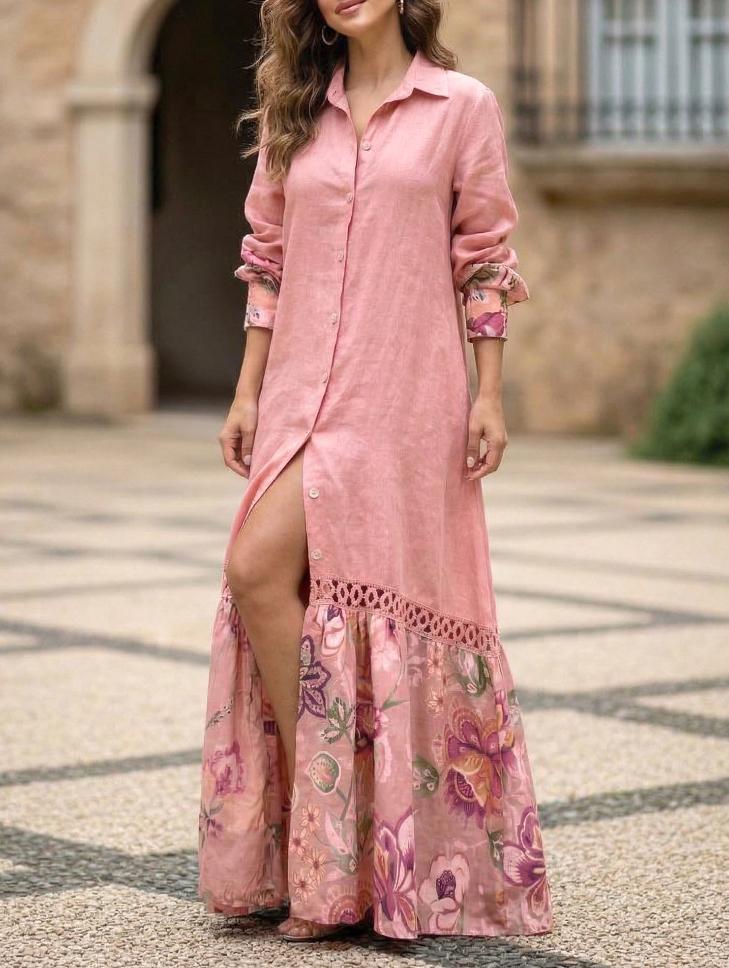 Lace Tie Sleeve Shirt Dress