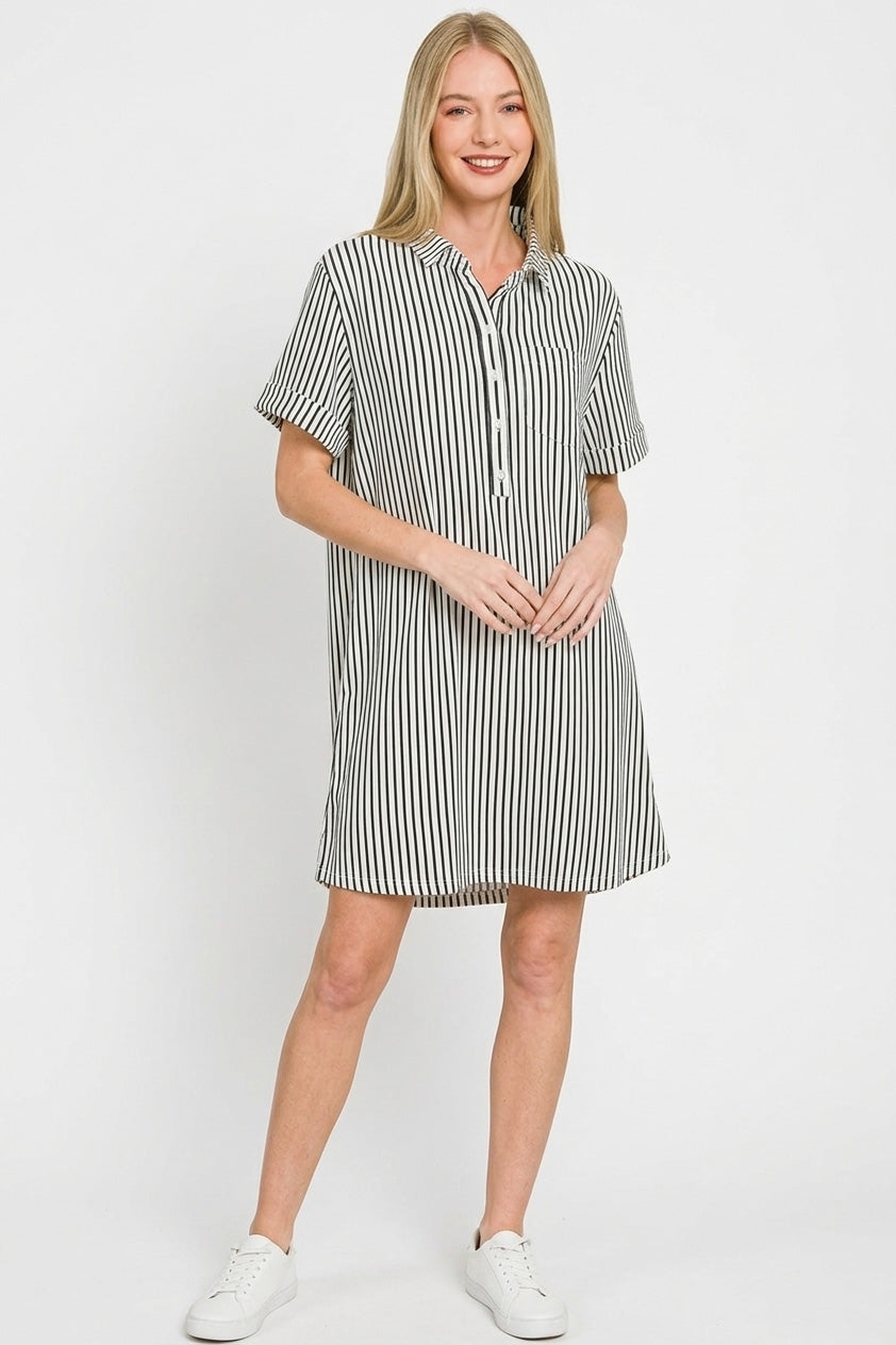 Zenana Stripe Collared Half Button Up T-Shirts Dress