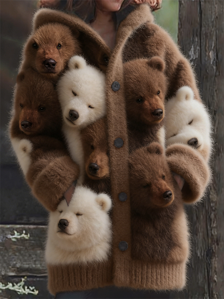 Forest Fuzzy Bears Cozy Knit Hooded Cardigan