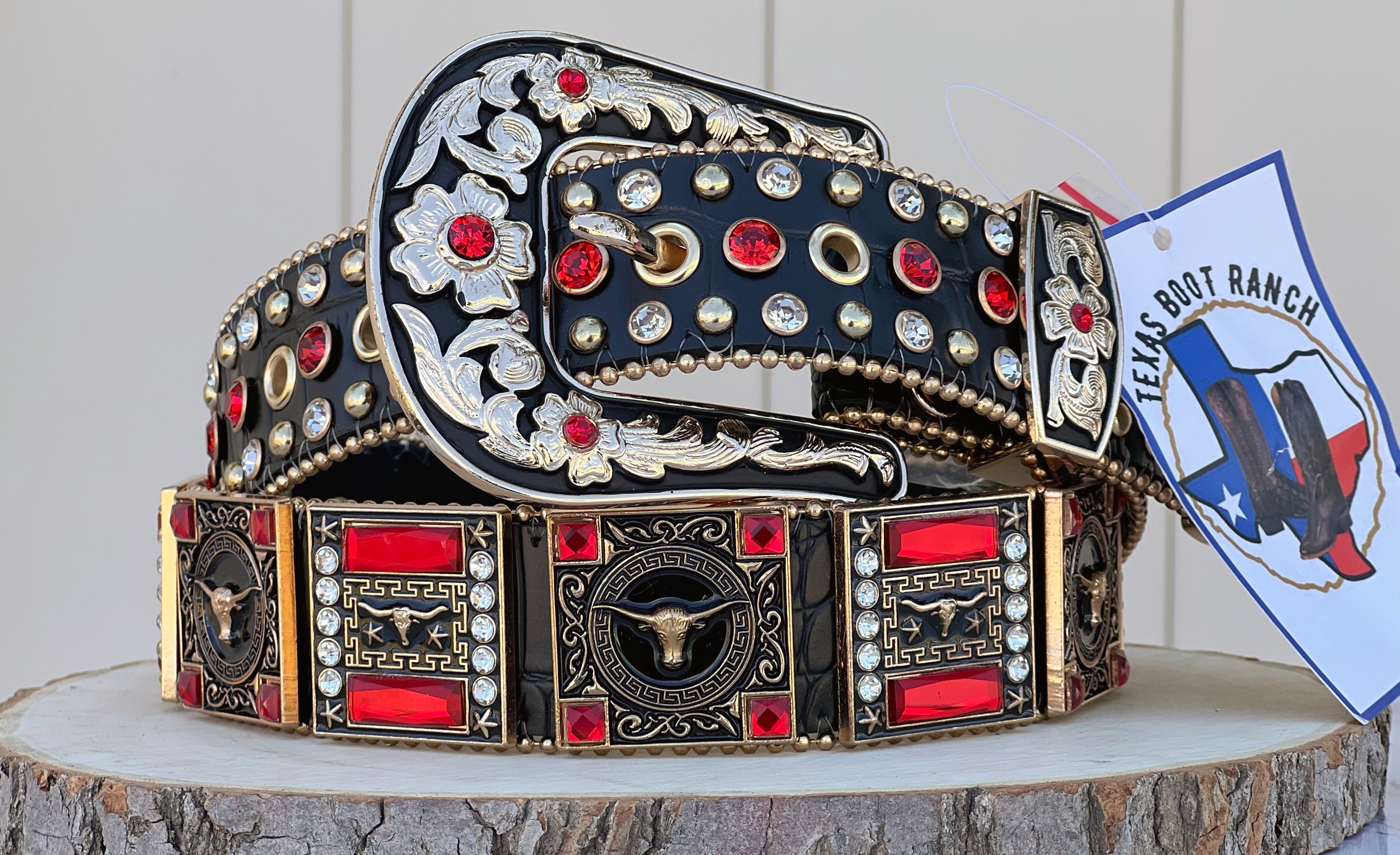 Western Black Longhorn Leather Belt With Red Rhinestones