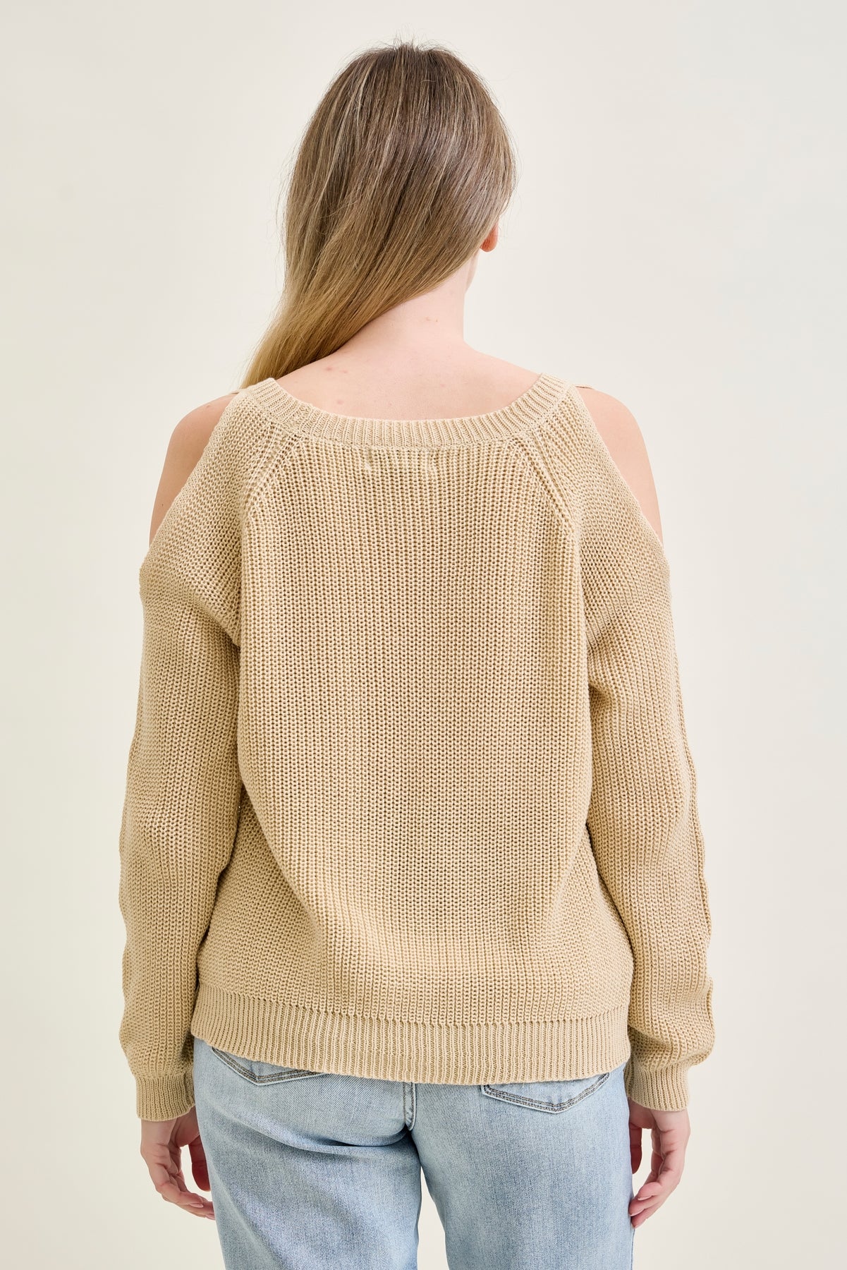 Chevron Stitch Cold Shoulder Beige Sweater