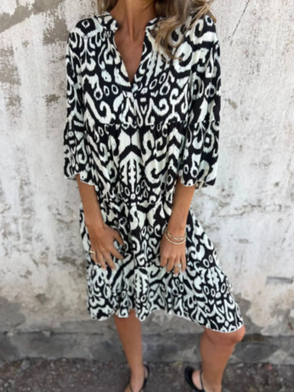 Plus Size Ethnic Print Notched Half Sleeve Midi Dress