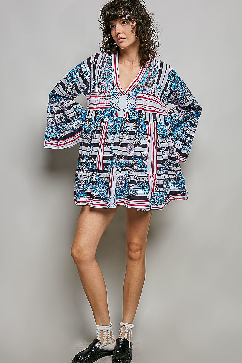 Striped Floral Long Sleeve Mini Dress with Pintuck Detail