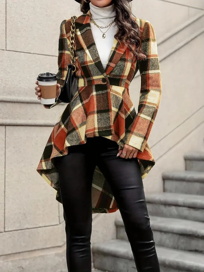 Women's Plaid Print Button High Low Hem Jacket