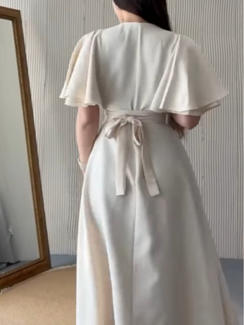 V-neck ruffled sleeve layered waist dress