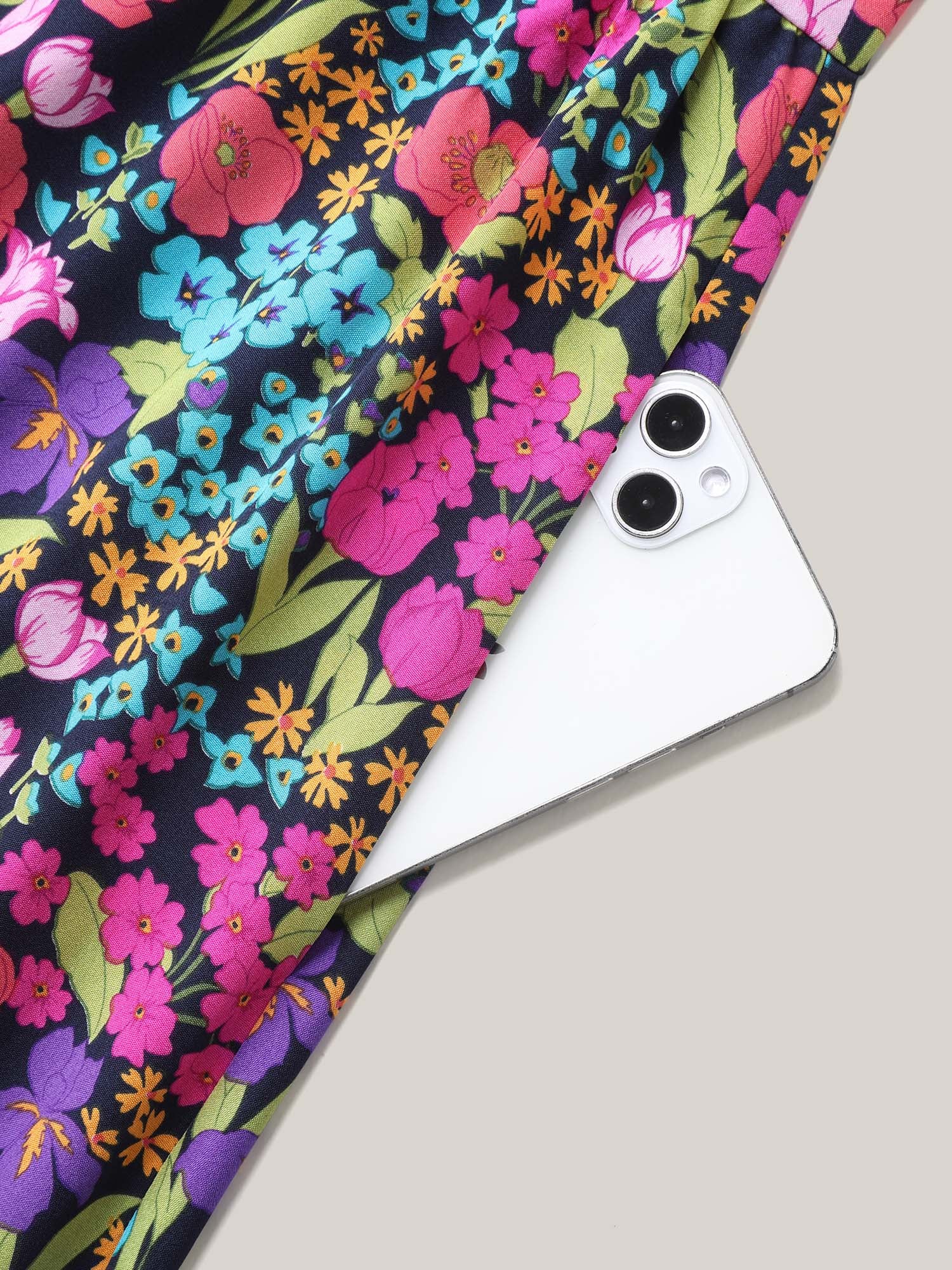 Floral Print Shirred Pockets Midi Dress