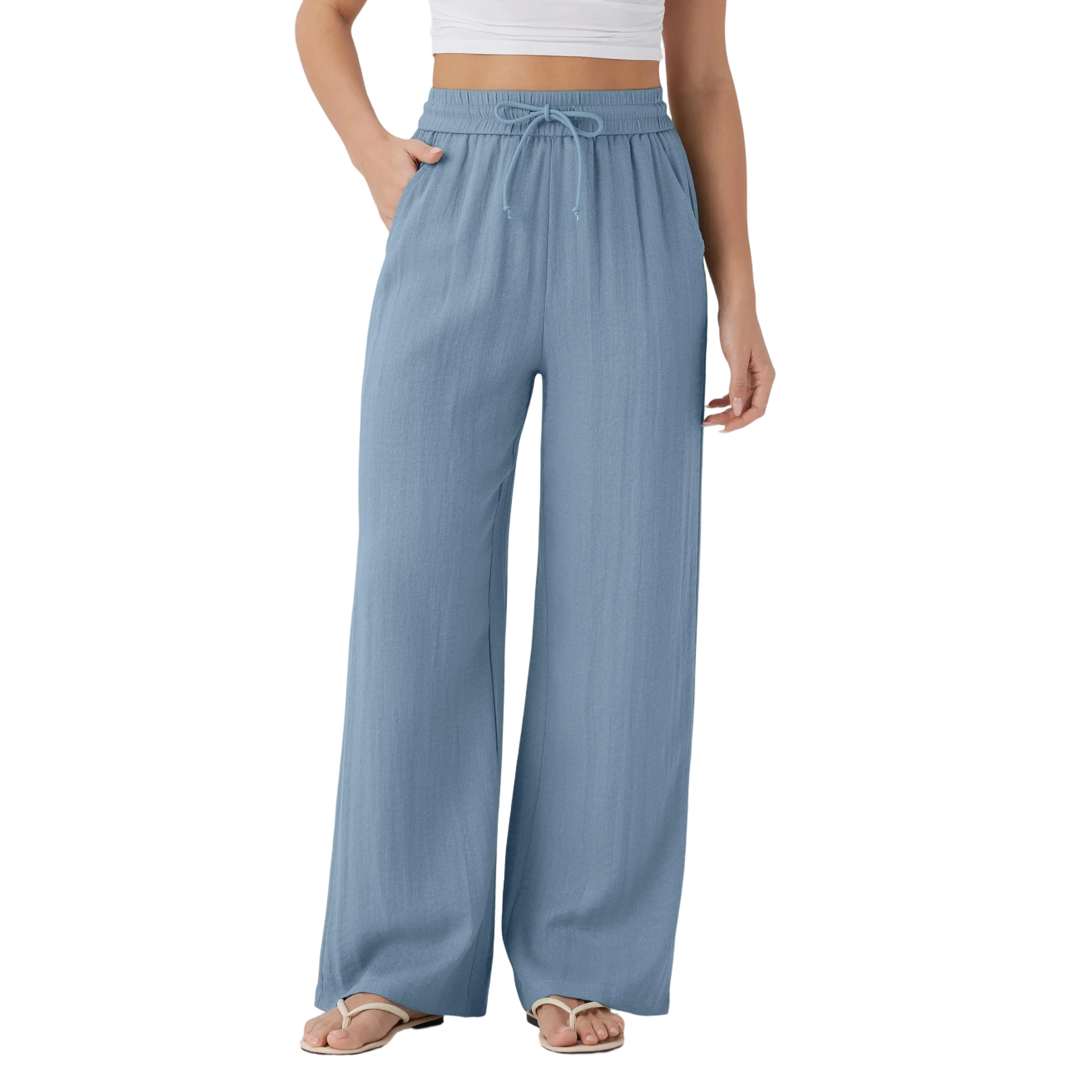 Women's High Waisted Drawstring Pocket Wide Leg Casual Linen-Feel Pants