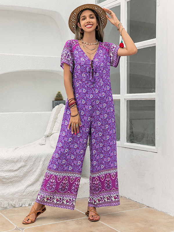 Bohemia Half Sleeves Loose Floral Printed V-Neck Jumpsuit
