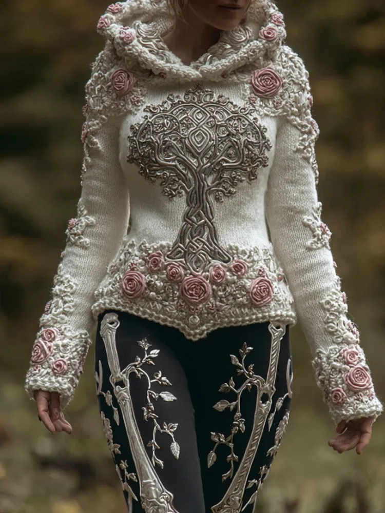 Woman Viking Tree Of Life And Pink Rose Warm Hooded Sweater