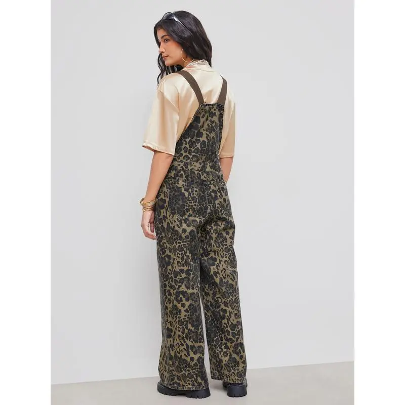 Women's Leopard Buckle Oversized Denim Wide Leg Jumpsuit